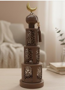 Lanterne de Ramadan élégante en métal brun à étages avec dessus en forme de croissant, découpes complexes, lumière LED chaude pour la décoration festive de la maison et les cadeaux - Product Image 3