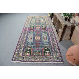 Alfombra turca Vintage tradicional, diseño de retazos verdes y azules, rectángulo de lana de 4x10/7 pies para decoración para sala de estar para adolescentes - Product Image 1