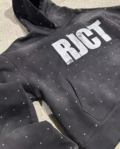 Sudaderas con capucha con diamantes de imitación para hombre con logotipo impreso en pantalla personalizado, algodón pesado de gran tamaño, algodón, lavado ácido, sol, desteñido - Product Image 3