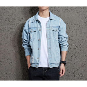 Automne hiver à la mode hommes veste en jean avec déchiré mince conception peau de mouton cuir hommes jean Outwear Cowboy manteau - Product Image 5