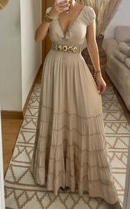 Elegante Beige Boho Maxi vestido manga acampanada cintura Natural cuello en V escalonado largo verano Resort Wear lavable vestido de mujer - Product Image 4