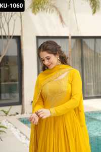 Vêtements ethniques indiens fantaisie fausse floraison avec broderie Zari paillettes travail Anarkali robes à manches longues pour mariage fonction porter - Product Image 2