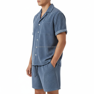ชุดเซ็ตผู้ชายแบบสั่งทำพิเศษ - เสื้อแขนสั้นผ้าคอร์ดูรอยสีน้ำเงินและกางเกงขาสั้น ชุดลำลอง 2 ชิ้น - Product Image 4