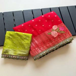 Sari VASTRA COTTAGE Premium de Khadi Georgette con Borde Meenakari Butta, Tejido con Pallu Rico, Sari Teñido a Mano con Blusa en Contraste - Product Image 6