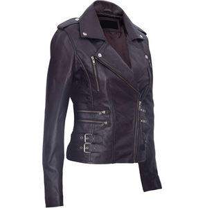 Blouson moto en cuir véritable pour femme, col rabattu, fermeture éclair, manches longues, style motard, couleur unie, idéal pour l'automne - Product Image 3