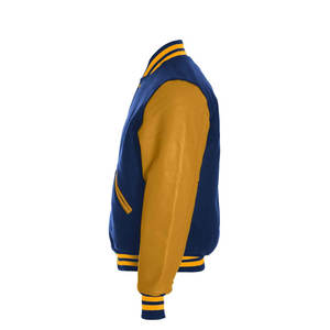 Chaqueta Bomber Universitaria Azul Rey con Mangas de Cuero Marrón Puro, Fabricantes Personalizados - Product Image 4