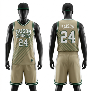 Mens Basketball Uniform Set 180 GSM Soft Durable Polyester Fabric Beige Color With Contrast Neck Arm Trim Custom Embroidered <b>Log</b> - Product Image 5