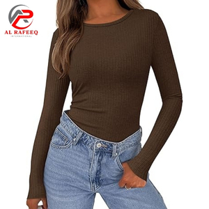 Primavera otoño sólido Slim Street Wear manga larga mujeres deportes Fitness Top cuello redondo flaco Color sólido señoras camisetas - Product Image 4