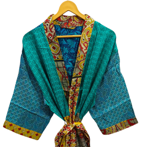 Bata de novia Bata de seda ligera para mujer Ropa de noche Bata larga, Kimono Sari de seda reciclada vintage indio con estampado floral, - Product Image 1