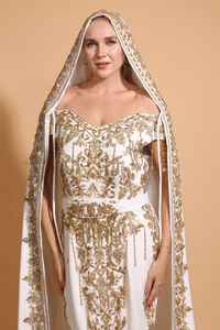 Luxurious White <b>Kaftan</b> with Embroidered Flowers Lace Crystals Buttons Straight Silhouette Design - Product Image 5