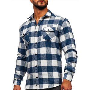 Camisa clásica de franela de peso pesado a cuadros de búfalo azul y blanco con bolsillos de parche para ropa informal o de trabajo para hombre - Product Image 1