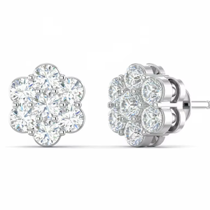 Boucles d'oreilles clous pour femmes en or 14 carats et 14 diamants naturels, taille ronde brillante, motif fleur |   Plaqué or 1,50 carat - Product Image 1