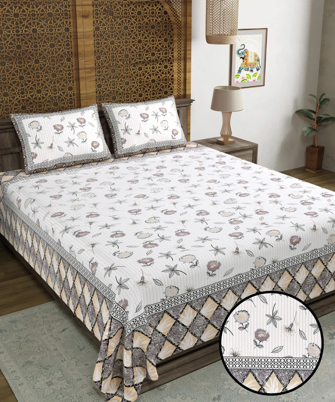 Jaipuri bông tay khối in hoa Vua Kích thước bedsheet với 2 gối bao gồm 100 phần trăm bông handmade số lượng lớn sản phẩm