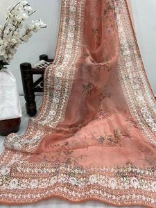 Pista luchnomi chikan-Saree de seda de Organza, elaborado con patrones de tejido tradicional - Product Image 4