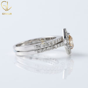 Ensemble de bagues de mariée, solitaire Moissanite coupe poire marron jaune clair fantaisie avec anneau Halo Accent, bague de mariage demi-éternité - Product Image 3