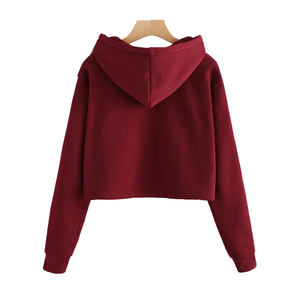 Sudadera corta con capucha de manga larga y forro polar de algodón de Color sólido personalizada para mujer - Product Image 2