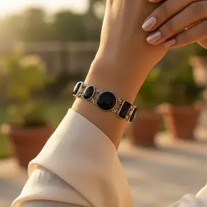 Bracelet vintage religieux pour femme en argent 925 avec pierre d'onyx, charme en diamant et perle, bracelets pour cadeau de fête, bijoux - Product Image 1