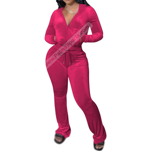 Survêtements pour femmes en velours personnalisé 100% coton, décontractés, motif uni, vêtements de sport, sweat-shirt court à capuche, pantalon évasé, design tendance - Product Image 1