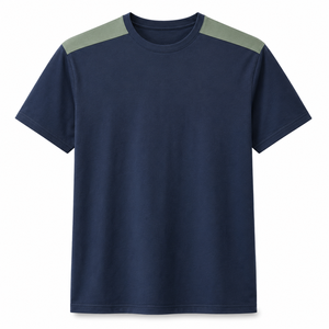 เสื้อยืดคอกลมผ้าฝ้ายสีกรมท่าขายส่ง พร้อมแผ่นผ้าสีเขียวอมเทาที่ไหล่ แขนสั้น แฟชั่นผู้ชาย จากผู้ผลิต - Product Image 1