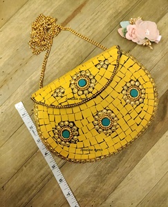 ZAMZAM IMPEX <b>Yellow</b> Stone Metal Inlay Evening Clutch Bag Handcrafted Designer <b>Purse</b> for Women Daily Use Parties Special - Product Image 3