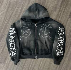 Sweatshirts courts personnalisés unisexes en éponge lourde à épaules tombantes avec fermeture à glissière imprimés à l'acide sweats à capuche pour hommes - Product Image 1