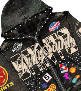 Sudadera con Capucha Estilo Vintage, Lavada, Desgastada, con Bordado y Parches, para Hombre, Talla Grande, 100% Algodón, con Cremallera y Pedrería - Product Image 3