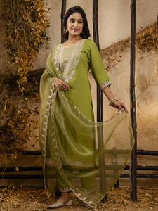 Elegant Indian Ethnic Wear Straight Kurti Pant Set with Embroidery and <b>Organza</b> Dupatta - Product Image 6