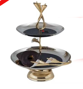 Présentoir à gâteaux à 2 niveaux en métal argenté au look tendance avec design à la feuille d'or pour restaurant et bar d'hôtel - Product Image 1
