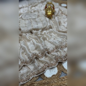 Sari en soie pour grande fête, perles dorées, séquence de cutdana, travail à la main, blouse cousue, prêt à porter, sari indien pour femmes - Product Image 4