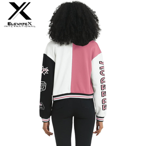 ELEVATEX INTERNATIONAL Women's Varsity <b>Jacket</b> <b>Pink</b> White Patchwork Full Sleeve Zipper Turn-down Collar Autumn Style - Product Image 4