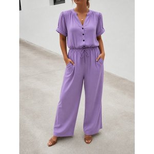 Mono de viscosa tejida con cuello en V y manga corta para mujer, con bolsillos, 36471 - Lila - Product Image 1