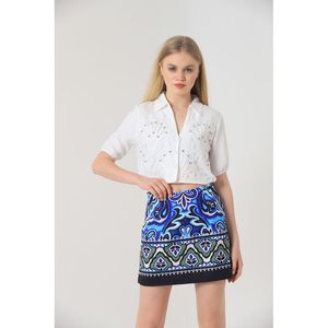 Blusa de Lino Brocado Crema TOPSHOW con Elegante Estampado de Hojas y Adornos de Cuentas para Mujer, Corte Casual, Estilo Veraniego - Product Image 1