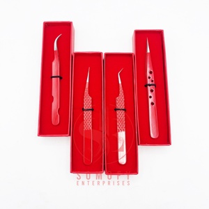 High Quality 90 Degree Stainless Steel Eyelash Extension Tweezers Red Diamond Grip Handle with Customised Logo <b>Silver</b> Tip - Product Image 1