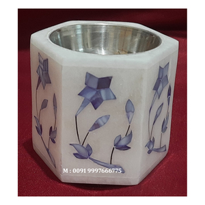 Brûleur à Bakhoor en marbre blanc naturel de forme hexagonale avec incrustation de nacre bleue, design en incrustation de fleurs fait à la main, utilisé pour la décoration de festival - Product Image 1