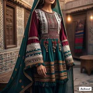 เดรสชาวอัฟกานิสถานวินเทจแบบดั้งเดิมสไตล์เรียบง่ายผ้าชีฟองระบายอากาศได้แขนยาวปักลายอินเทรนด์รายละเอียดทางวัฒนธรรม - Product Image 5