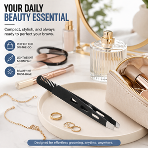 Pinzas para Cejas con Peine, Acero Inoxidable, Punta Inclinada, Herramienta de Depilación de Precisión, Antideslizante, 2 en 1, Color Negro - Product Image 6