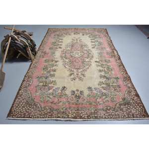 พรมตุรกีโบราณสีเบจสีน้ำตาลขนาด5.8X9.5ฟุตแบบคลาสสิกขนกระต่ายเทียมลายเย็บปะติดด้านหลังทำจากยางสำหรับห้องโถงห้องนอน - Product Image 1