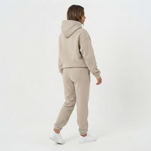 <b>Womens</b> <b>Cream</b> Beige Hoodie Tracksuit Set <b>Fleece</b> Pullover Jogger Pants Matching Casual Activewear Loungewear Outfit Modern - Product Image 2