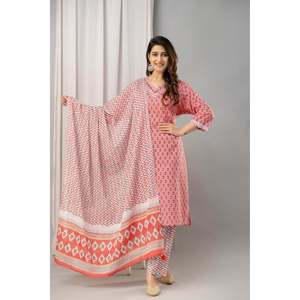 Kurta rose en pur coton imprimé pour femme avec manches trois-quarts et pantalon, dupatta inclus - Product Image 3