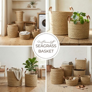 Set Woven <b>Storage</b> <b>Basket</b> Set with Leather Handles, Handwoven Seagrass Laundry and Home Organizer Wholesale - Product Image 4