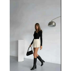 Blusa Negra Drapeada para Mujer Mybeefashion con Detalle de Accesorio Elegante, Tejido de Mezcla de Viscosa, Top Cómodo de Corte Holgado - Product Image 3