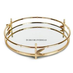 Best Quality Aluminum Casted Gold Plated Framed Round Shape Food And Other Items Serving <b>Mirror</b> <b>Tray</b> From Indian Manufacturer - Product Image 2