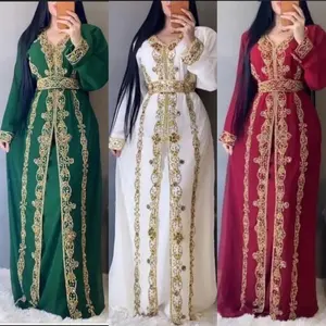 Hermoso elegante de lujo adornado a mano de lentejuelas y cuentas hasta el suelo mangas completas modesto vestido de mujer islámica