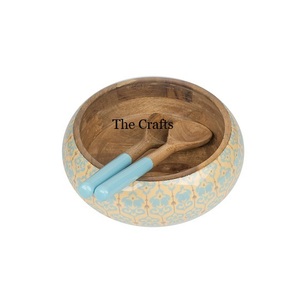 Printed Wooden Food <b>Serving</b> Bowl With 2 <b>Spoon</b> Highest Quality Round Shape Food <b>Serving</b> Bowl At Acceptable Price - Product Image 3