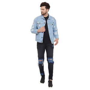 Veste en jean bleu clair élégante pour homme Style unique Hip Hop Street Style Imperméable Tricotée Vêtement d'hiver avec décoration en fourrure Respirante - Product Image 5