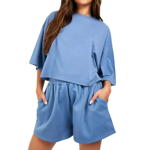 Conjunto de pantalones cortos de color sólido informal de corte regular de alta calidad para mujer Top corto personalizado de la mejor tarifa y pantalones cortos a juego Conjunto de 2 piezas para mujer - Product Image 5