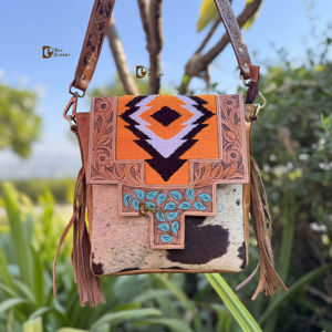 Wholesale Hand Tooled Carving Leather Cowhide Fur Fringe Handbag Hot Sale Stylish Purse Aztec Saddle <b>Blanket</b> Bag for Women's Use - Product Image 1