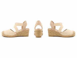 Sandales <span class=keywords><strong>compensées</strong></span> en toile crème pour femmes, à bout fermé, avec brides croisées élastiques et tressées en paille, chaussures d'été au look <span class=keywords><strong>chic</strong></span>, faible MOQ, OEM, ODM - Product Image 3