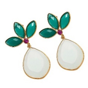 Pendientes de plata de ley 925 con gema de Calcedonia lechosa y ónix verde, pendientes con forma de pera - Product Image 1