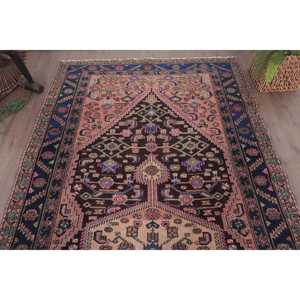 Alfombra de 5x11.1 pies, Alfombra Turca, Alfombra Vintage de Lana Azul con Plantas y Árboles - Product Image 4